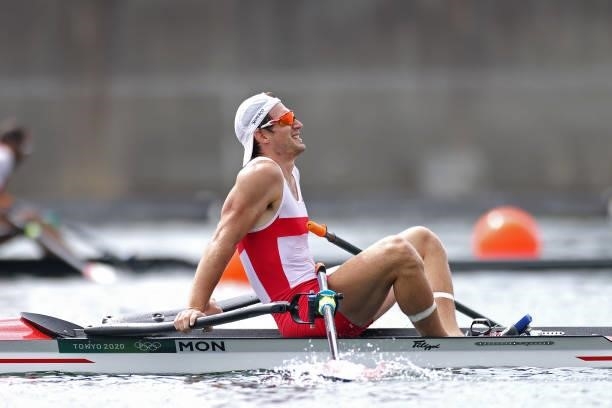 Quentin Antognelli of Team Monaco reacts after coming in third during the Men's Single Sculls Final C on day seven of the Tokyo 2020 Olympic Games at...
