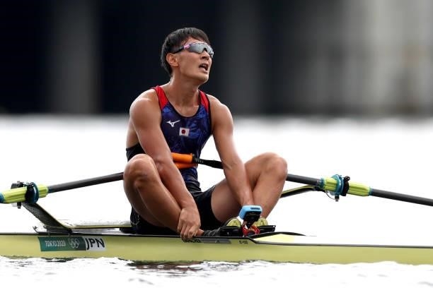 Ryuta Arakawa of Team Japan reacts after coming in fifth during the Men's Single Sculls Final B on day seven of the Tokyo 2020 Olympic Games at Sea...