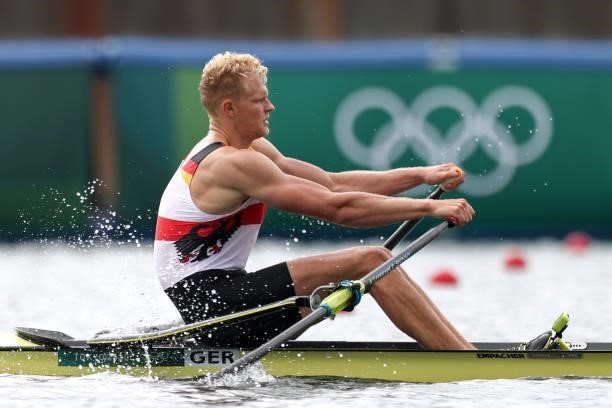 Oliver Zeidler of Team Germany competes during the Men's Single Sculls Final B on day seven of the Tokyo 2020 Olympic Games at Sea Forest Waterway on...