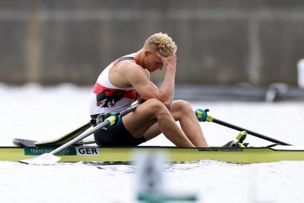 Oliver Zeidler of Team Germany reacts after coming in first during the Men's Single Sculls Final B on day seven of the Tokyo 2020 Olympic Games at...