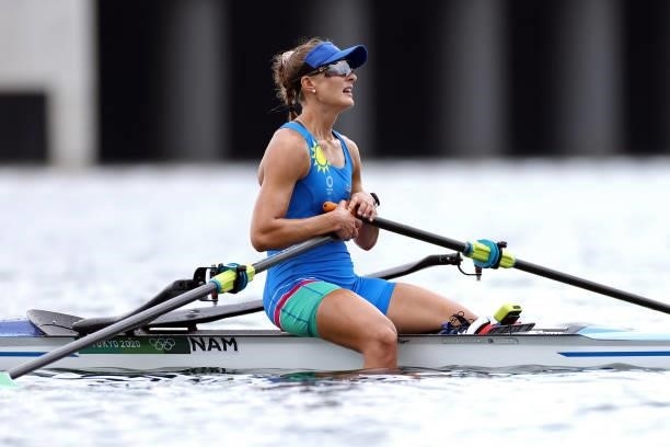 Maike Diekmann of Team Namibia reacts after coming in last during the Women's Single Sculls Final C on day seven of the Tokyo 2020 Olympic Games at...