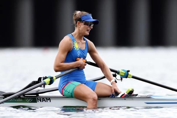 Maike Diekmann of Team Namibia reacts after coming in last during the Women's Single Sculls Final C on day seven of the Tokyo 2020 Olympic Games at...