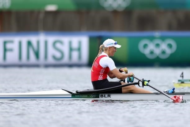 Tatsiana Klimovich of Team Belarus reacts after coming in first during the Women's Single Sculls Final C on day seven of the Tokyo 2020 Olympic Games...