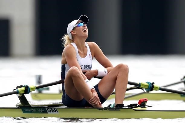 Victoria Thornley of Team Great Britain reacts after coming in fourth during the Women's Single Sculls Final A on day seven of the Tokyo 2020 Olympic...