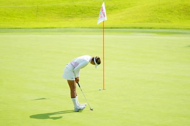 Eimi Koga of the United States reacts after a putt on the 5th green during the second round of Rakuten Super Ladies at Tokyu Grand Oak Golf Club on...