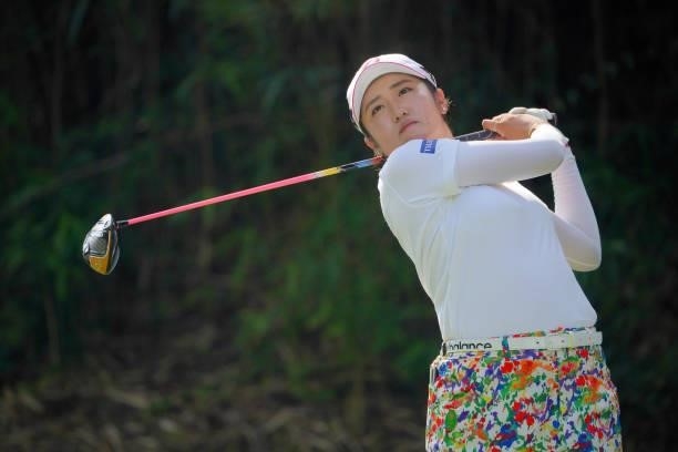 Mone Inami of Japan hits her tee shot on the 13th hole during the second round of Rakuten Super Ladies at Tokyu Grand Oak Golf Club on July 30, 2021...
