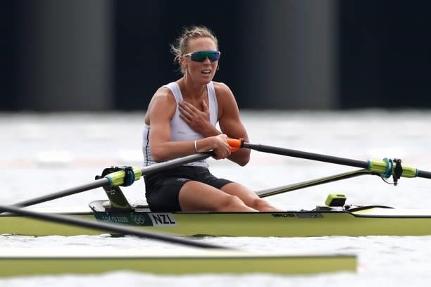 Emma Twigg of Team New Zealand reacts after winning the gold medal during the Women's Single Sculls Final A on day seven of the Tokyo 2020 Olympic...