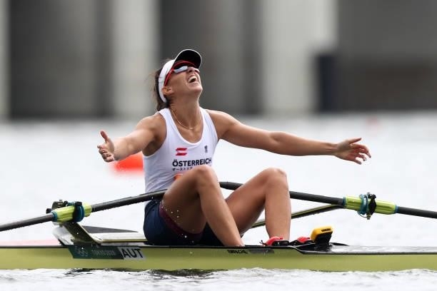 Magdalena Lobnig of Team Austria celebrates winning the bronze medal during the Women's Single Sculls Final A on day seven of the Tokyo 2020 Olympic...
