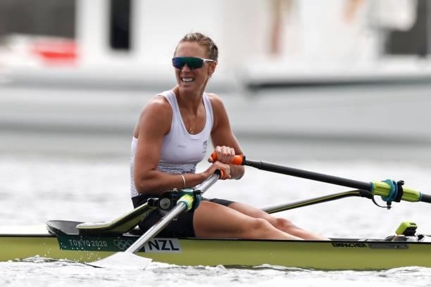 Emma Twigg of Team New Zealand looks on after winning the gold medal during the Women's Single Sculls Final A on day seven of the Tokyo 2020 Olympic...