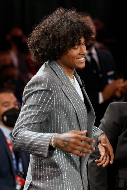 Jalen Green reacts after being drafted by the Houston Rockets during the 2021 NBA Draft at the Barclays Center on July 29, 2021 in New York City.