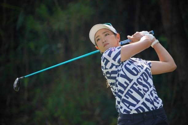 Erika Hara hits her tee shot on the 13th hole during the second round of Rakuten Super Ladies at Tokyu Grand Oak Golf Club on July 30, 2021 in Kato,...