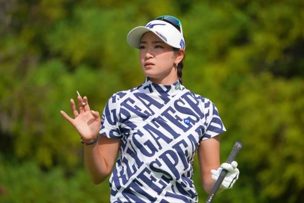 Erika Hara of Japan reacts after her tee shot on the 14th hole during the second round of Rakuten Super Ladies at Tokyu Grand Oak Golf Club on July...