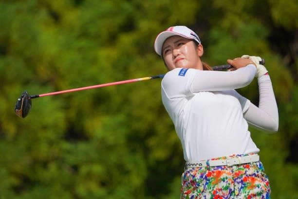 Mone Inami of Japan hits her tee shot on the 14th hole during the second round of Rakuten Super Ladies at Tokyu Grand Oak Golf Club on July 30, 2021...