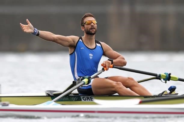 Stefanos Ntouskos of Team Greece reacts after winning the gold medal during the Men's Single Sculls Final A on day seven of the Tokyo 2020 Olympic...