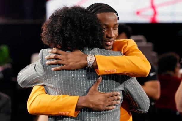 Jalen Green and Jonathan Kuminga celebrate after Green was drafted by the Houston Rockets during the 2021 NBA Draft at the Barclays Center on July...