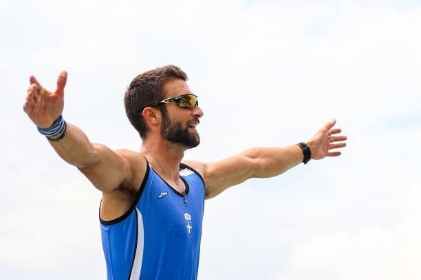 Stefanos Ntouskos of Team Greece celebrates winning the gold medal during the Men's Single Sculls Final A on day seven of the Tokyo 2020 Olympic...