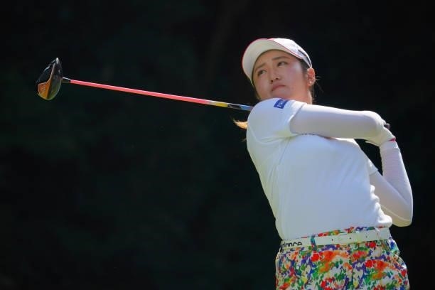 Mone Inami of Japan hits her tee shot on the 15th hole during the second round of Rakuten Super Ladies at Tokyu Grand Oak Golf Club on July 30, 2021...