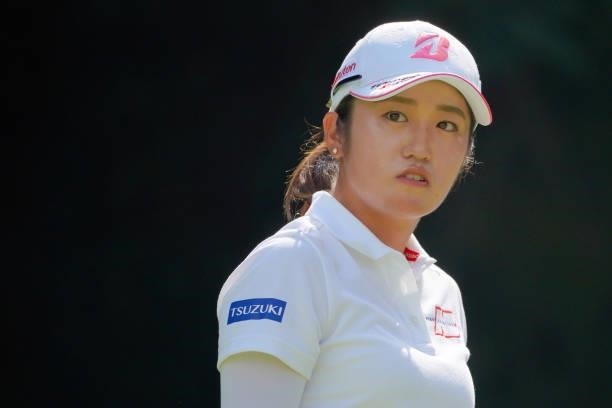 Mone Inami of Japan reacts after her tee shot on the 15th hole during the second round of Rakuten Super Ladies at Tokyu Grand Oak Golf Club on July...