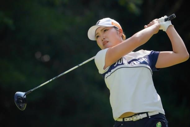 Sayaka Takahashi of Japan hits her tee shot on the 15th hole during the second round of Rakuten Super Ladies at Tokyu Grand Oak Golf Club on July 30,...