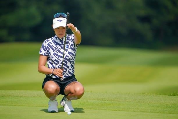 Erika Hara of Japan lines up a putt on the 16th green during the second round of Rakuten Super Ladies at Tokyu Grand Oak Golf Club on July 30, 2021...
