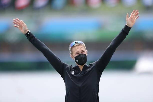 Emma Twigg of Team New Zealand celebrates winning the gold medal during the medal ceremony for the Women's Single Sculls Final A on day seven of the...