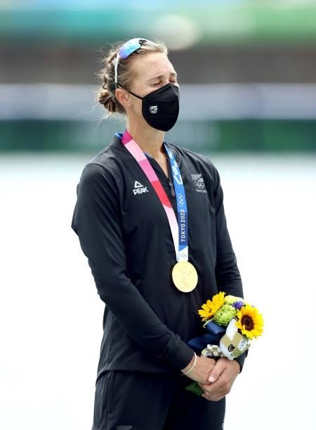 Gold medalist Emma Twigg of Team New Zealand poses with her medal during the medal ceremony for the Women's Single Sculls Final A on day seven of the...