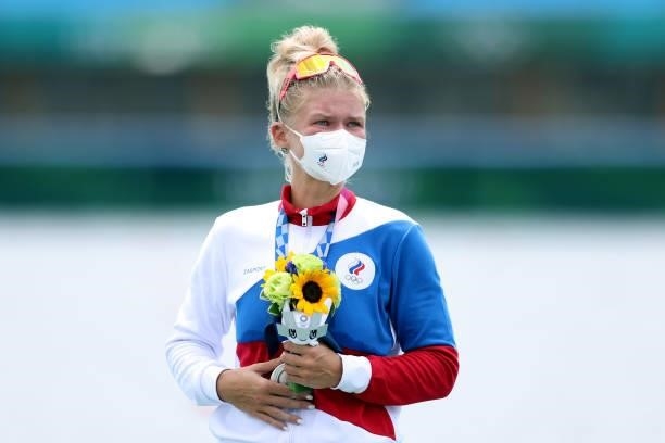 Silver medalist Hanna Prakatsen of Team ROC looks on after receiving her medal during the medal ceremony for the Women's Single Sculls Final A on day...
