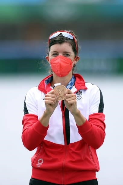 Bronze medalist Magdalena Lobnig of Team Austria poses with her medal during the medal ceremony for the Women's Single Sculls Final A on day seven of...