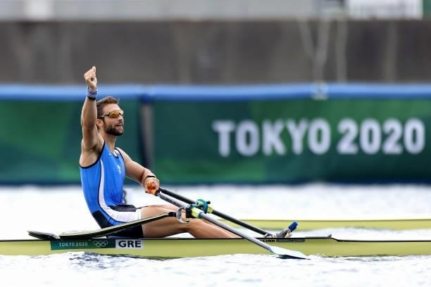 Stefanos Ntouskos of Team Greece celebrates winning the gold medal during the Men's Single Sculls Final A on day seven of the Tokyo 2020 Olympic...
