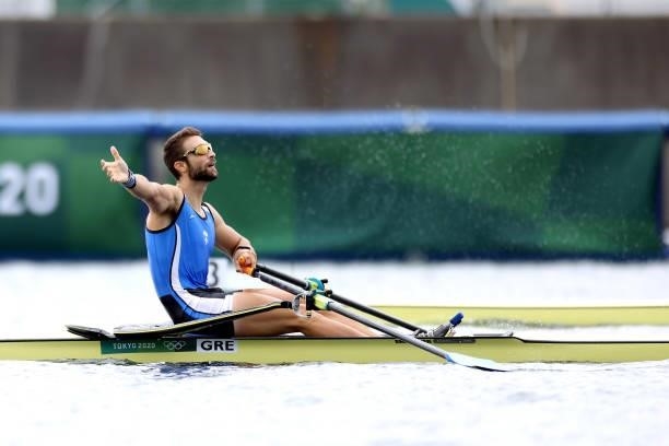 Stefanos Ntouskos of Team Greece reacts after winning the gold medal during the Men's Single Sculls Final A on day seven of the Tokyo 2020 Olympic...
