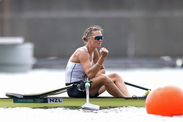Emma Twigg of Team New Zealand reacts after winning the gold medal during the Women's Single Sculls Final A on day seven of the Tokyo 2020 Olympic...