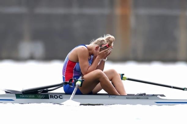 Hanna Prakatsen of Team ROC reacts after winning the silver medal during the Women's Single Sculls Final A on day seven of the Tokyo 2020 Olympic...