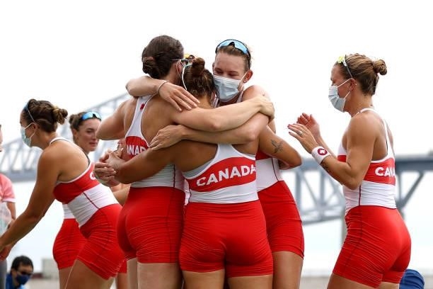 Team Canada celebrates winning the gold medal during the Women's Eight Final A on day seven of the Tokyo 2020 Olympic Games at Sea Forest Waterway on...