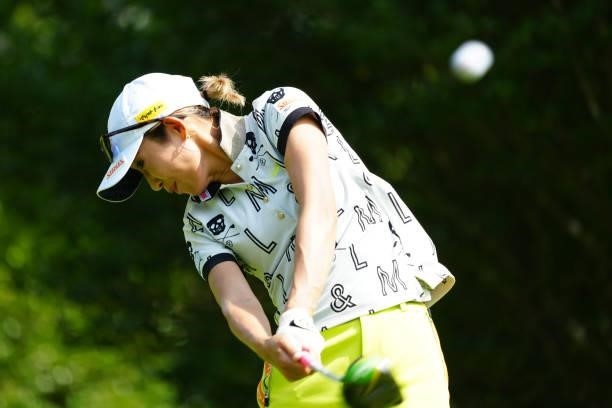 Kumiko Kaneda of Japan hits her tee shot on the 2nd hole during the second round of Rakuten Super Ladies at Tokyu Grand Oak Golf Club on July 30,...