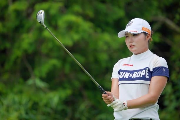 Sayaka Takahashi of Japan is seen before her tee shot on the 17th hole during the second round of Rakuten Super Ladies at Tokyu Grand Oak Golf Club...