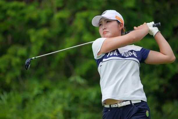 Sayaka Takahashi of Japan hits her tee shot on the 17th hole during the second round of Rakuten Super Ladies at Tokyu Grand Oak Golf Club on July 30,...