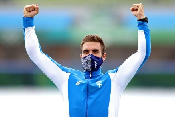 Stefanos Ntouskos of Team Greece celebrates winning the gold medal during the medal ceremony for the Men's Single Sculls Final A on day seven of the...