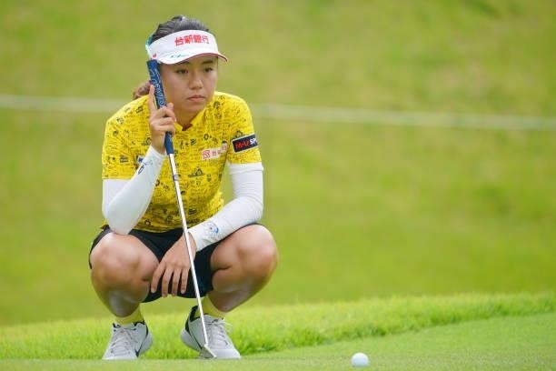 Pei-Ying Tsai of Chinese Taipei lines up a putt on the 17th green during the second round of Rakuten Super Ladies at Tokyu Grand Oak Golf Club on...