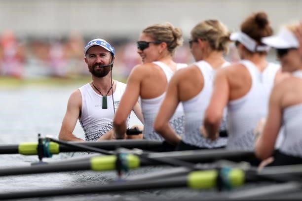 Coxswain Caleb Shepherd of Team New Zealand looks on after the team won the silver medal during the Women's Eight Final A on day seven of the Tokyo...