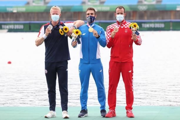 Silver medalist Kjetil Borch of Team Norway, gold medalist Stefanos Ntouskos of Team Greece and bronze medalist Damir Martin of Team Croatia pose...