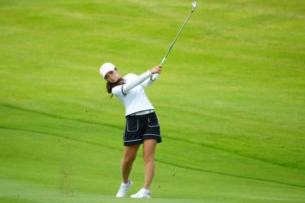 Erika Kikuchi of Japan hits her third shot on the 18th hole during the second round of Rakuten Super Ladies at Tokyu Grand Oak Golf Club on July 30,...