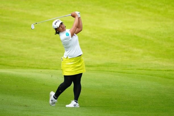 Ai Suzuki of Japan hits her third shot on the 18th hole during the second round of Rakuten Super Ladies at Tokyu Grand Oak Golf Club on July 30, 2021...