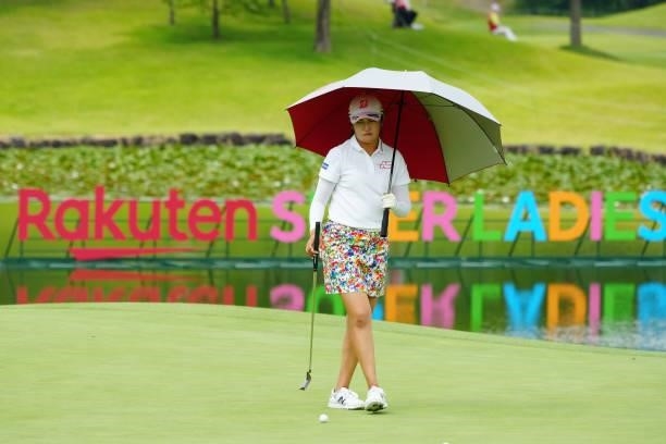 Mone Inami of Japan is seen on the 18th green during the second round of Rakuten Super Ladies at Tokyu Grand Oak Golf Club on July 30, 2021 in Kato,...