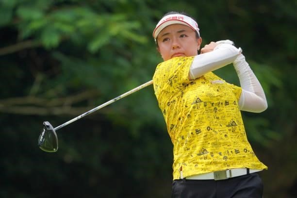 Pei-Ying Tsai of Chinese Taipei hits her tee shot on the 18th hole during the second round of Rakuten Super Ladies at Tokyu Grand Oak Golf Club on...