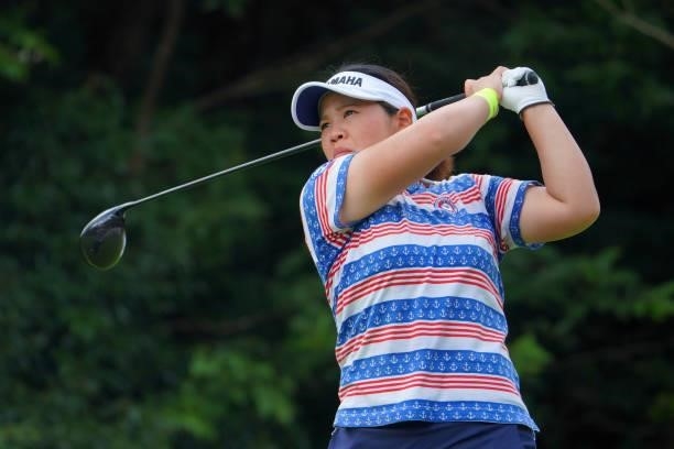 Ayaka Morioka of Japan hits her tee shot on the 18th hole during the second round of Rakuten Super Ladies at Tokyu Grand Oak Golf Club on July 30,...