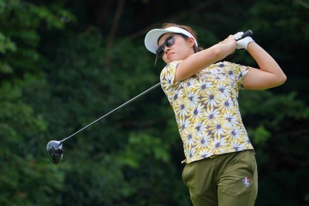 Yoko Ogawa of Japan hits her tee shot on the 18th hole during the second round of Rakuten Super Ladies at Tokyu Grand Oak Golf Club on July 30, 2021...