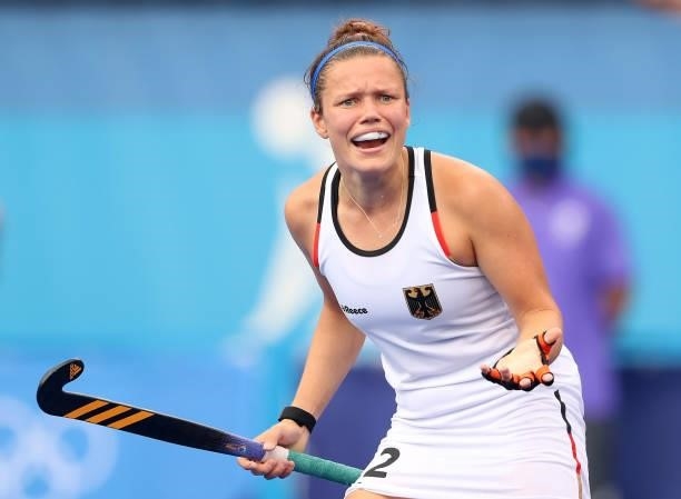 Cecile Pieper of Team Germany reacts to a play during the Women's Preliminary Pool A match between South Africa and Germany on day seven of the Tokyo...