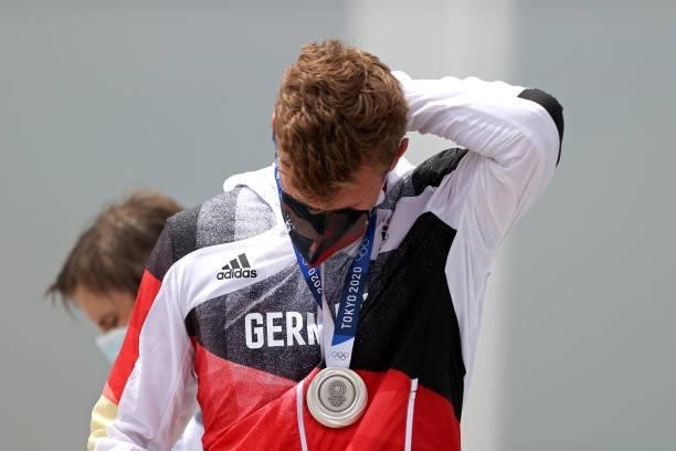 Silver medalist Hannes Ocik of Team Germany reacts following the medal ceremony for the Men's Eight Final A on day seven of the Tokyo 2020 Olympic...