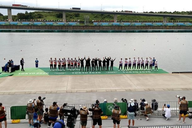 Team New Zealand receive their gold medals during the medal ceremony for the Men's Eight Final A on day seven of the Tokyo 2020 Olympic Games at Sea...
