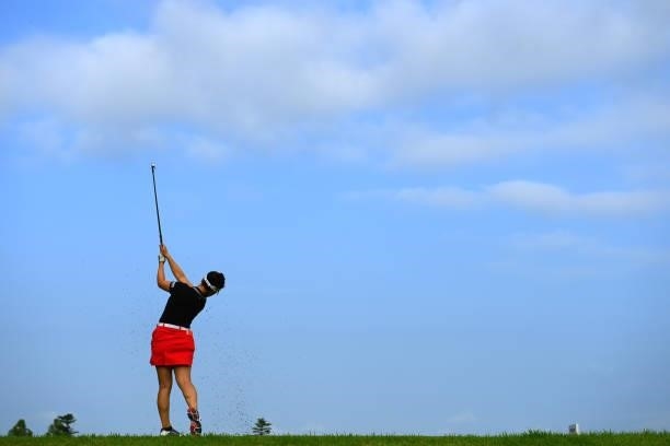 Kana Taneda of Japan hits her tee shot on the 3rd hole during the second round of Rakuten Super Ladies at Tokyu Grand Oak Golf Club on July 30, 2021...
